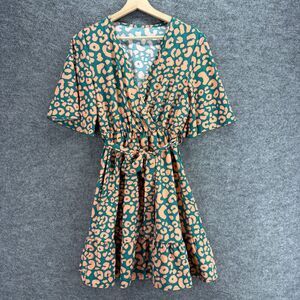 Skue Dress Women L Large Green Animal Print Sheath Midi V-Neck Belted Casual